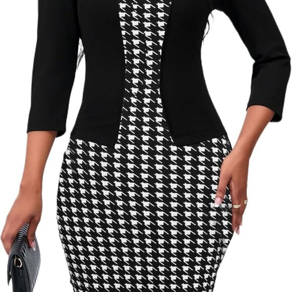Women's Reto Bodycon Midi Dresses 3/4 Sleeve Church Wear to Work Business Pencil - Picture 2 of 6